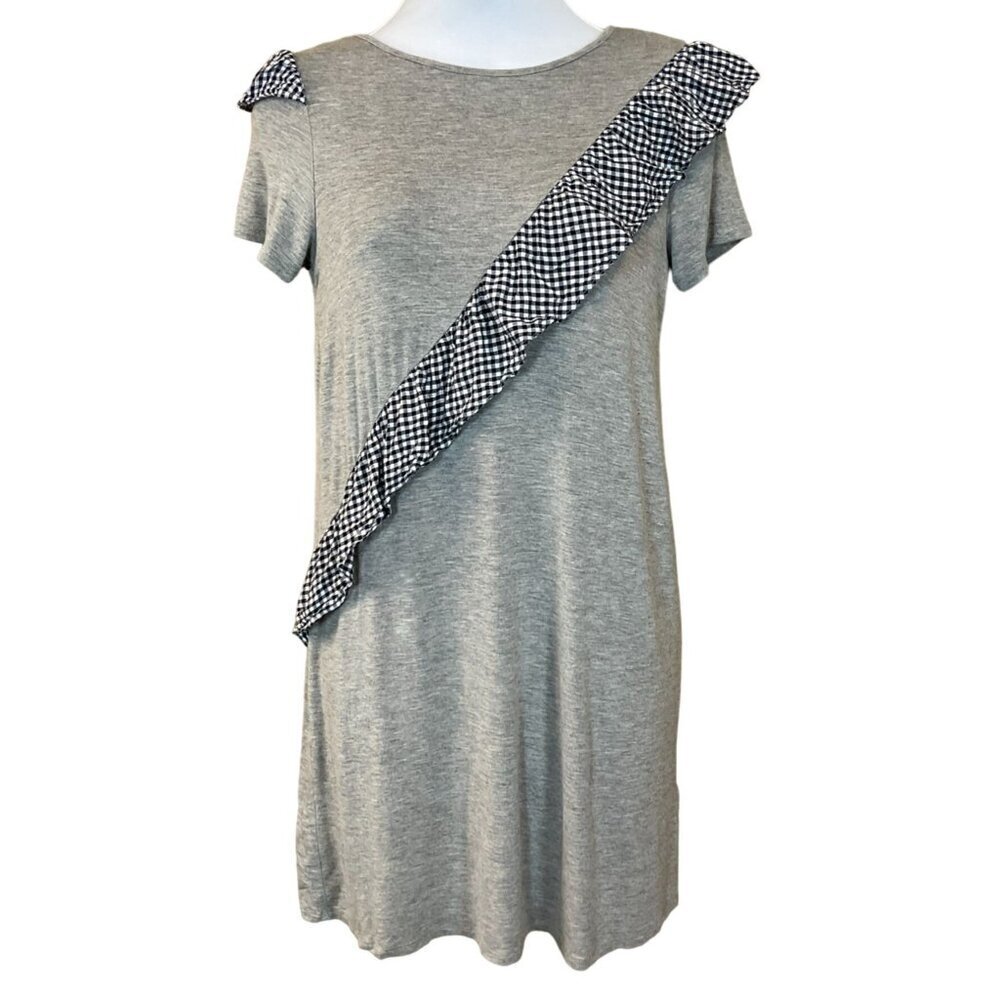 Love Fire Gray T-Shirt Dress Crosswise Black & White Gingham Ruffle Girls Size L